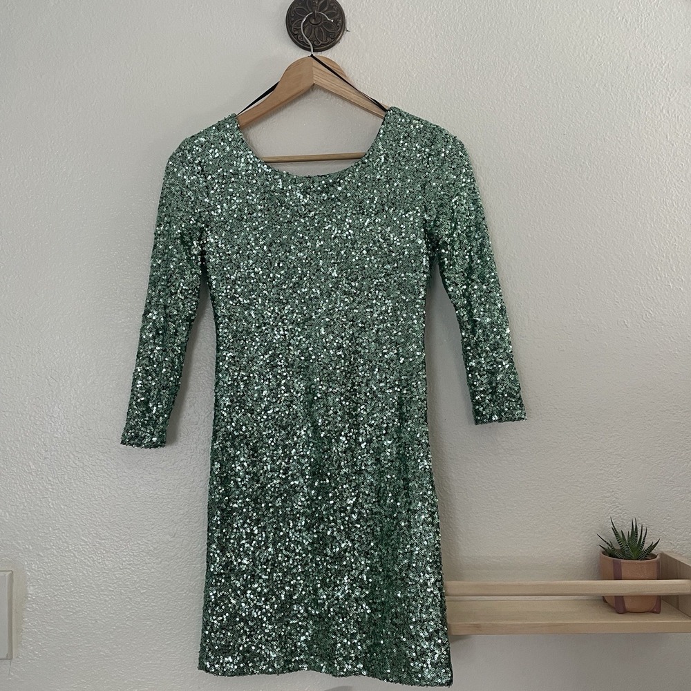 Foreign Exchange‎ Dress 3/4 Sleeve Above Knee Length Full Sequined Green